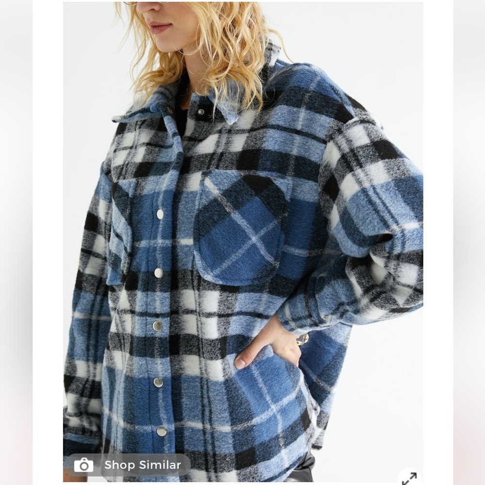 Zara Womens Overshirt Jacket Wool Blend Blue Check Plaid Oversized Boxy S